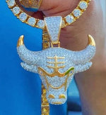 Load image into Gallery viewer, 18k Gold .925 Silver Micro Pave AAA Stone Bull Head Tau Pendant Chain Necklace