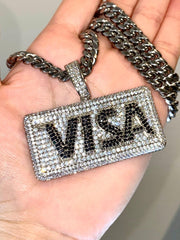 Master Credit Card Visa 14k Mens Silver Iced Pendant Charm 6mm Miami Cuban Chain
