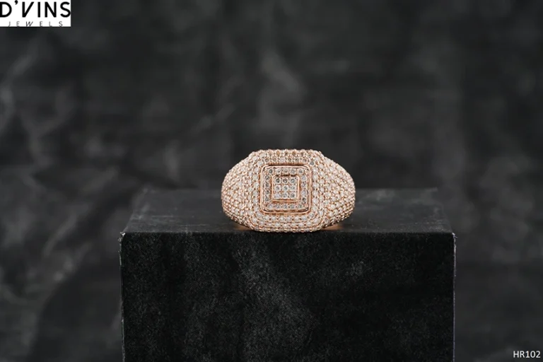 Iced out diamond signet ring with pavé diamond detailing by D’Vins Jewels