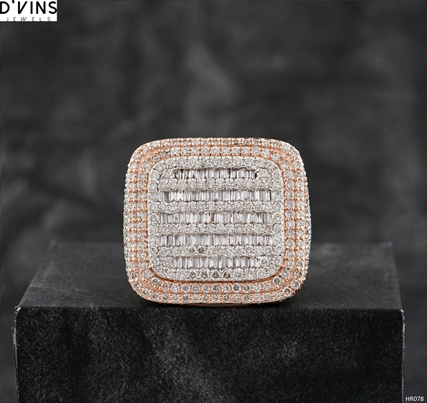 Luxury baguette diamond statement ring with pavé diamond border by D’Vins Jewels