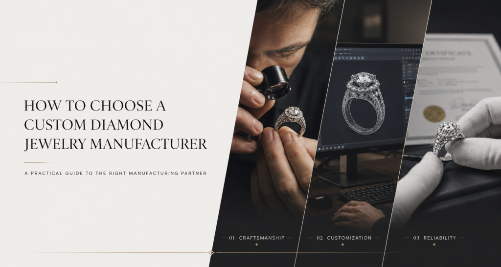Jeweler inspecting a custom diamond ring alongside a CAD design and quality certification process.