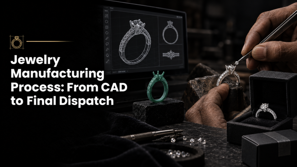 Jeweler inspecting a custom diamond ring alongside a CAD design and quality certification process.