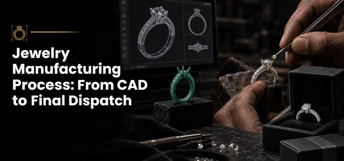 Jeweler inspecting a custom diamond ring alongside a CAD design and quality certification process.