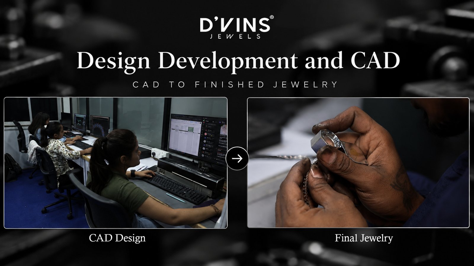 Jewelry design development and CAD to finished jewelry showing CAD design and final jewelry