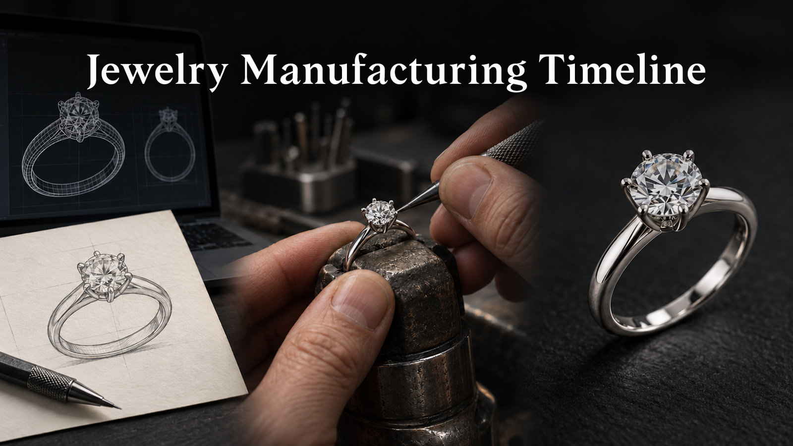 Jewelry manufacturing timeline showing a ring sketch, CAD design, diamond setting by a jeweler, and a finished diamond ring.
