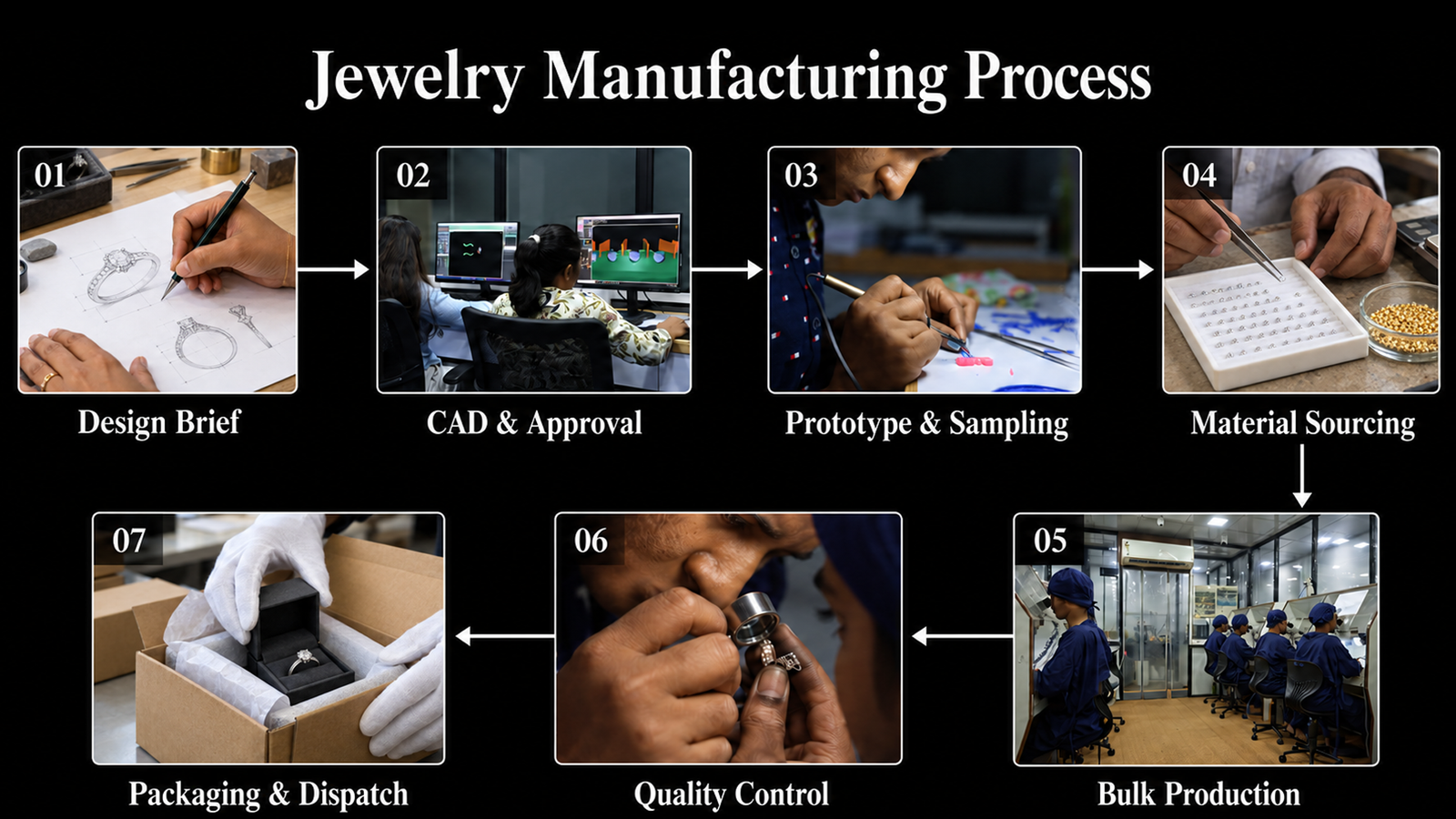 Jewelry manufacturing process from design brief and CAD approval to sampling, material sourcing, bulk production, quality control, and dispatch.