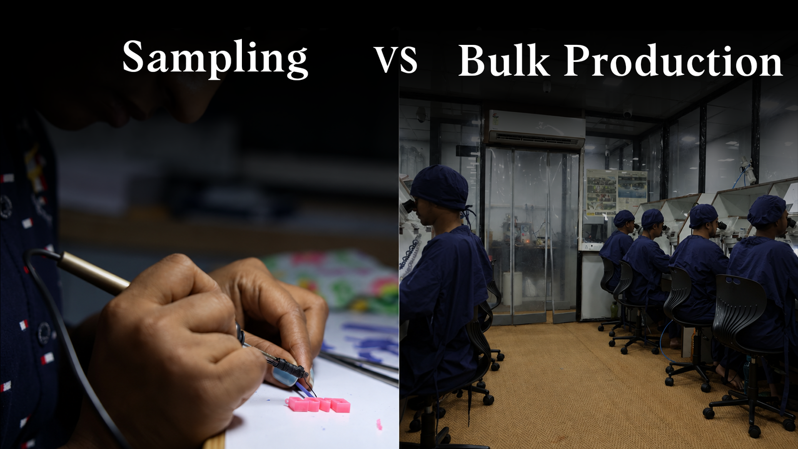 Jewelry sampling versus bulk production, showing an artisan shaping a wax prototype beside a team working at production benches.